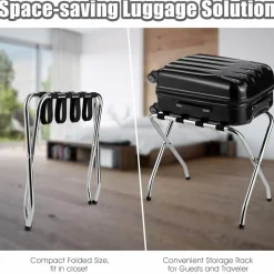 Tangkula Chrome Luggage Rack for Guest Room, No Assembly Required, Folding Metal Suitcase Stand with Nylon Belts