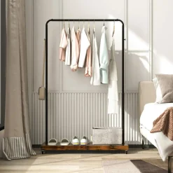 Tangkula Clothes Rack on Wheels, Industrial Pipe Style Rolling Garment Rack with Bottom Storage Shelf & 5 Hanging Hooks
