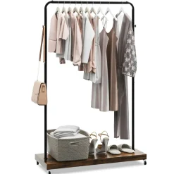 Tangkula Clothes Rack on Wheels, Industrial Pipe Style Rolling Garment Rack with Bottom Storage Shelf & 5 Hanging Hooks