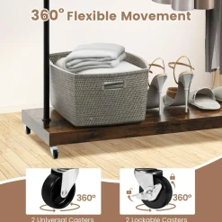Tangkula Clothes Rack on Wheels, Industrial Pipe Style Rolling Garment Rack with Bottom Storage Shelf & 5 Hanging Hooks