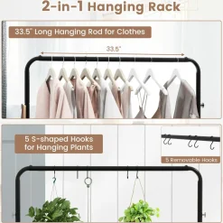 Tangkula Clothes Rack on Wheels, Industrial Pipe Style Rolling Garment Rack with Bottom Storage Shelf & 5 Hanging Hooks