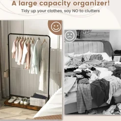 Tangkula Clothes Rack on Wheels, Industrial Pipe Style Rolling Garment Rack with Bottom Storage Shelf & 5 Hanging Hooks