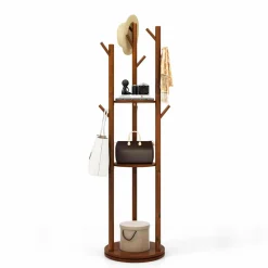Tangkula Coat Rack Freestanding, Rotary Wooden Coat Tree with 3 Display Storage Shelves & 9 Hooks for Coats