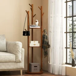 Tangkula Coat Rack Freestanding, Rotary Wooden Coat Tree with 3 Display Storage Shelves & 9 Hooks for Coats
