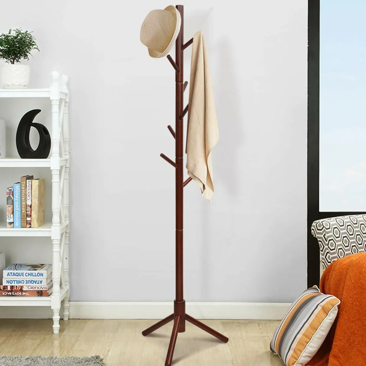 Tangkula Coat Rack Freestanding, Rubber Wood Coat Stand with 8 Hooks