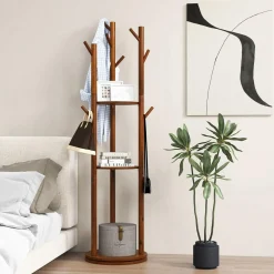 Tangkula Coat Rack Freestanding, Rotary Wooden Coat Tree with 3 Display Storage Shelves & 9 Hooks for Coats