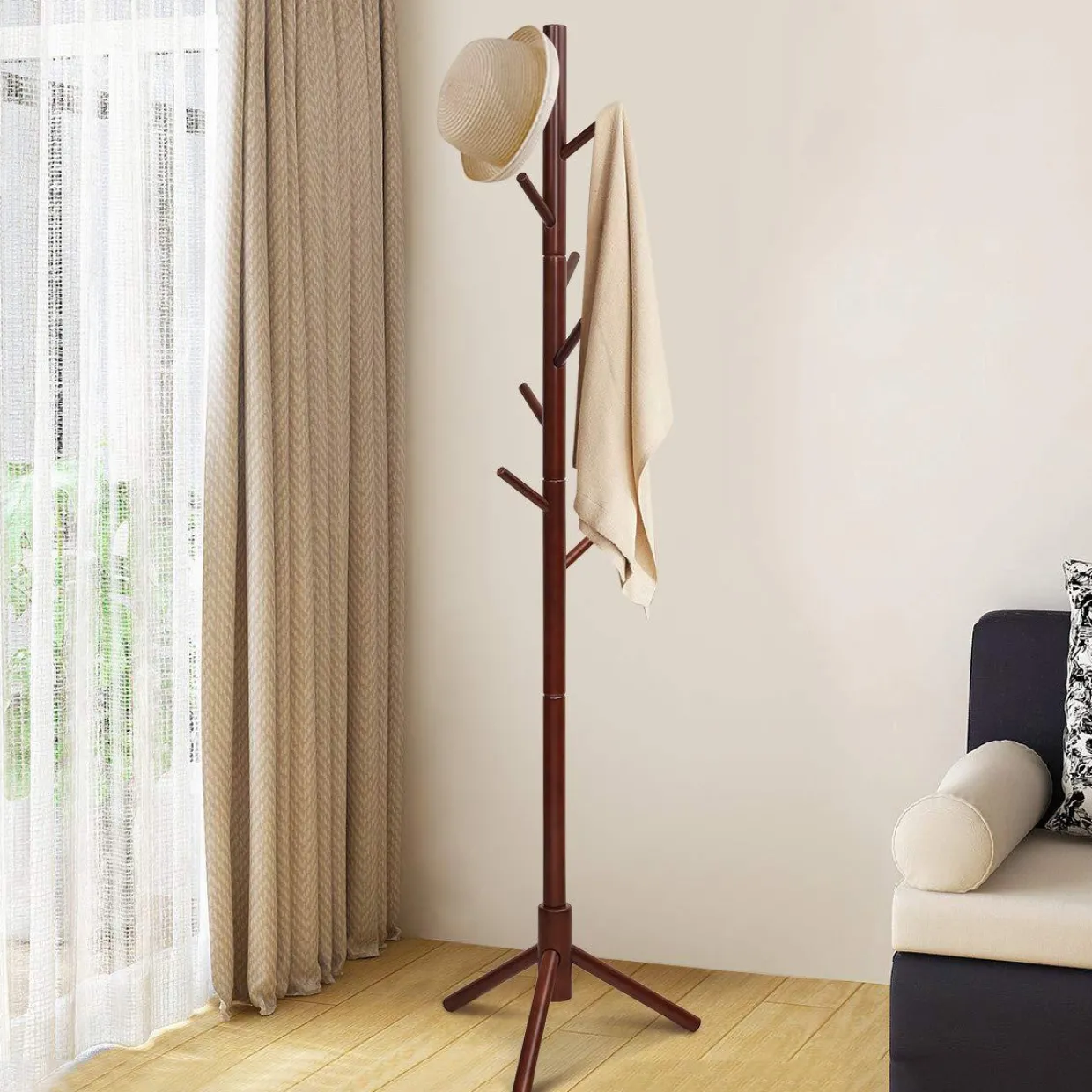 Tangkula Coat Rack Freestanding, Rubber Wood Coat Stand with 8 Hooks
