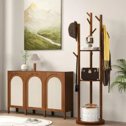 Tangkula Coat Rack Freestanding, Rotary Wooden Coat Tree with 3 Display Storage Shelves & 9 Hooks for Coats