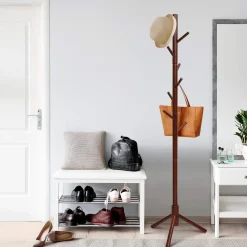 Tangkula Coat Rack Freestanding, Rubber Wood Coat Stand with 8 Hooks