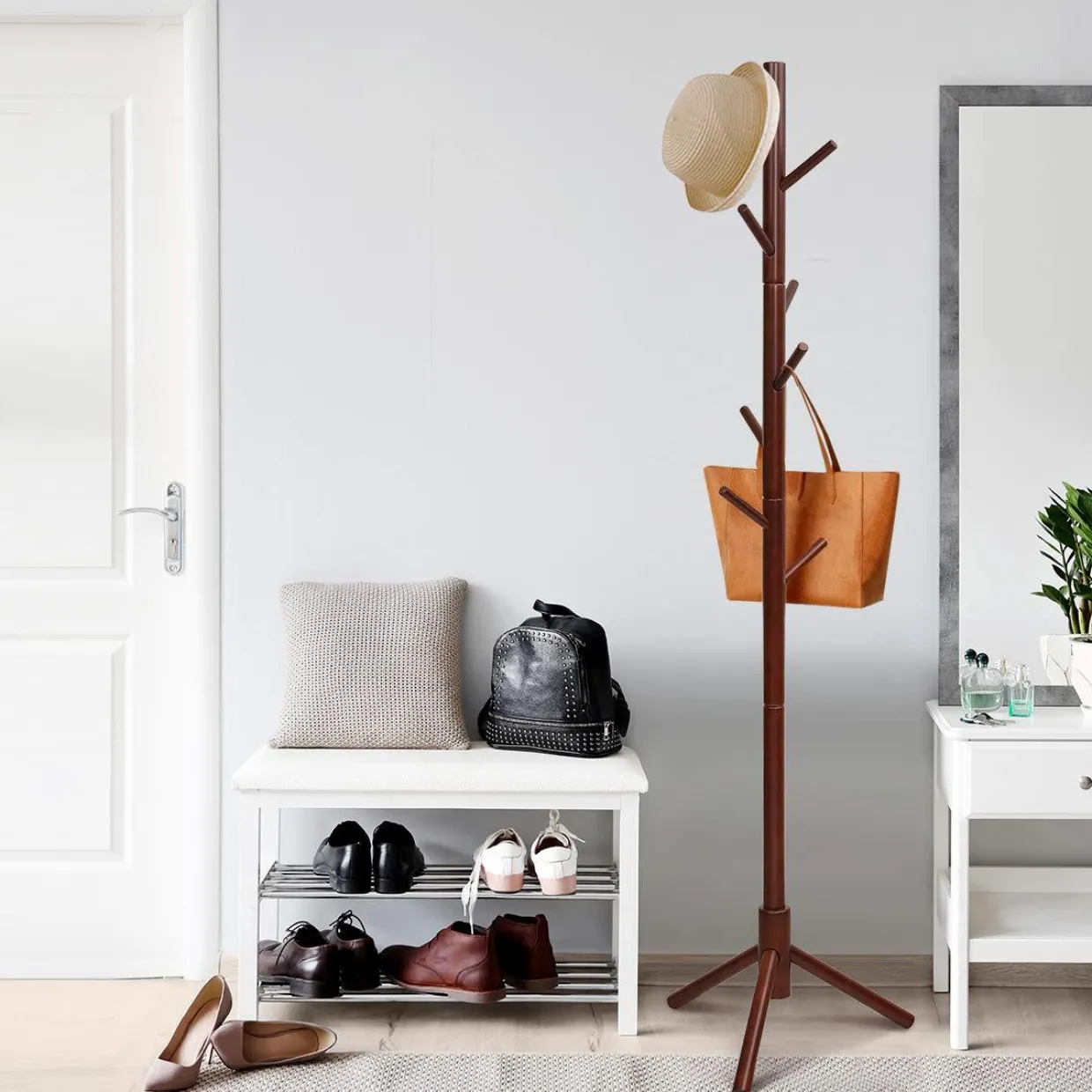 Tangkula Coat Rack Freestanding, Rubber Wood Coat Stand with 8 Hooks
