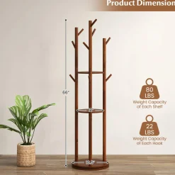 Tangkula Coat Rack Freestanding, Rotary Wooden Coat Tree with 3 Display Storage Shelves & 9 Hooks for Coats