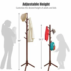 Tangkula Coat Rack Freestanding, Rubber Wood Coat Stand with 8 Hooks
