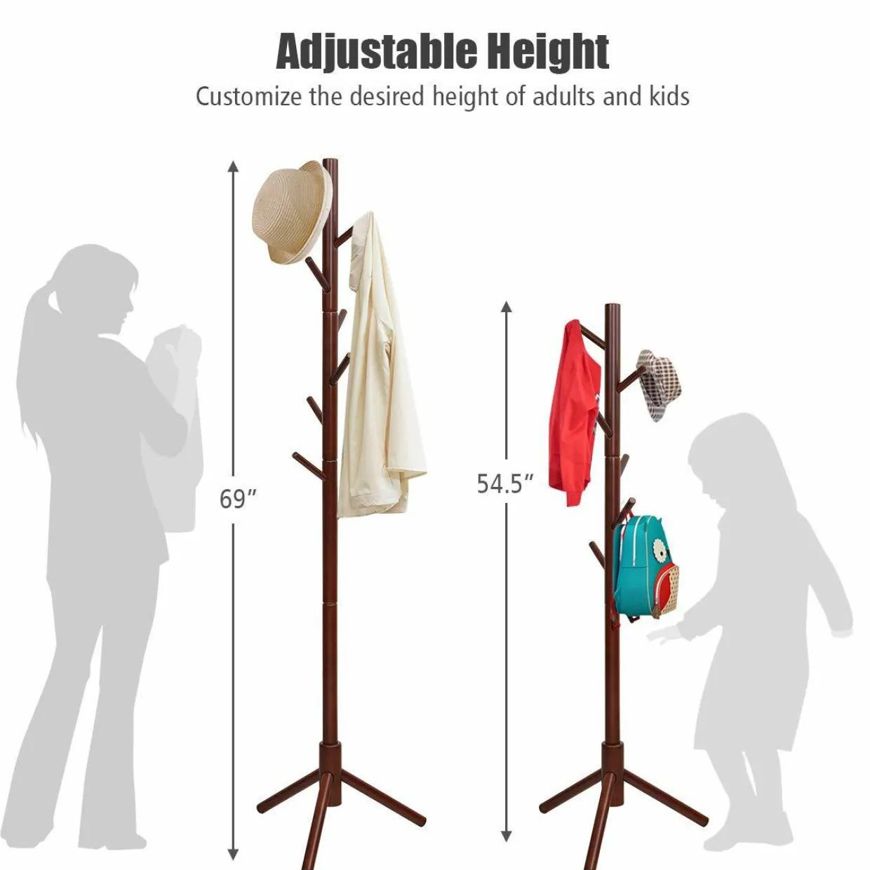 Tangkula Coat Rack Freestanding, Rubber Wood Coat Stand with 8 Hooks