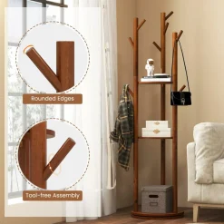 Tangkula Coat Rack Freestanding, Rotary Wooden Coat Tree with 3 Display Storage Shelves & 9 Hooks for Coats