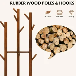 Tangkula Coat Rack Freestanding, Rotary Wooden Coat Tree with 3 Display Storage Shelves & 9 Hooks for Coats