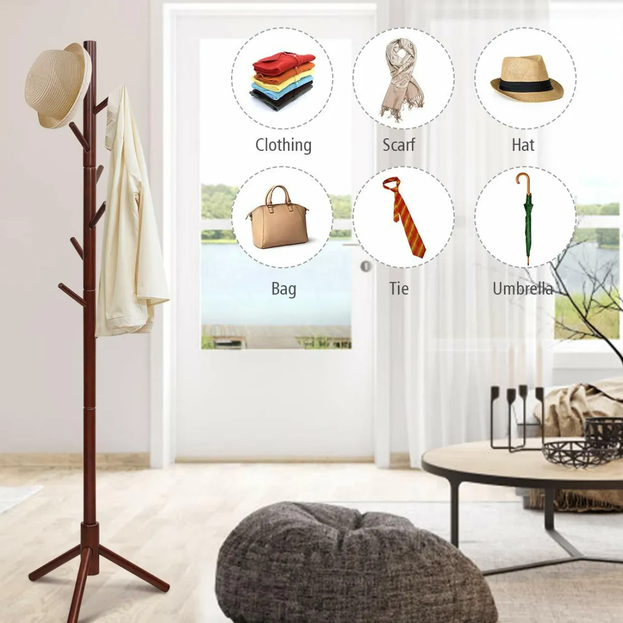 Tangkula Coat Rack Freestanding, Rubber Wood Coat Stand with 8 Hooks