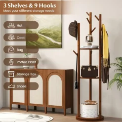 Tangkula Coat Rack Freestanding, Rotary Wooden Coat Tree with 3 Display Storage Shelves & 9 Hooks for Coats