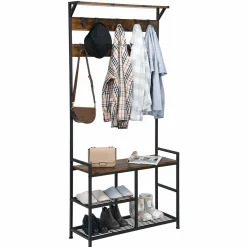 Tangkula Coat Rack Shoe Bench, 3-in-1 Industrial Hall Tree w/Storage Bench & 9 Hanging Hooks, 3-Tier Wood Look Entryway Bench w/Metal Frame