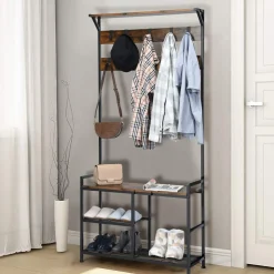 Tangkula Coat Rack Shoe Bench, 3-in-1 Industrial Hall Tree w/Storage Bench & 9 Hanging Hooks, 3-Tier Wood Look Entryway Bench w/Metal Frame