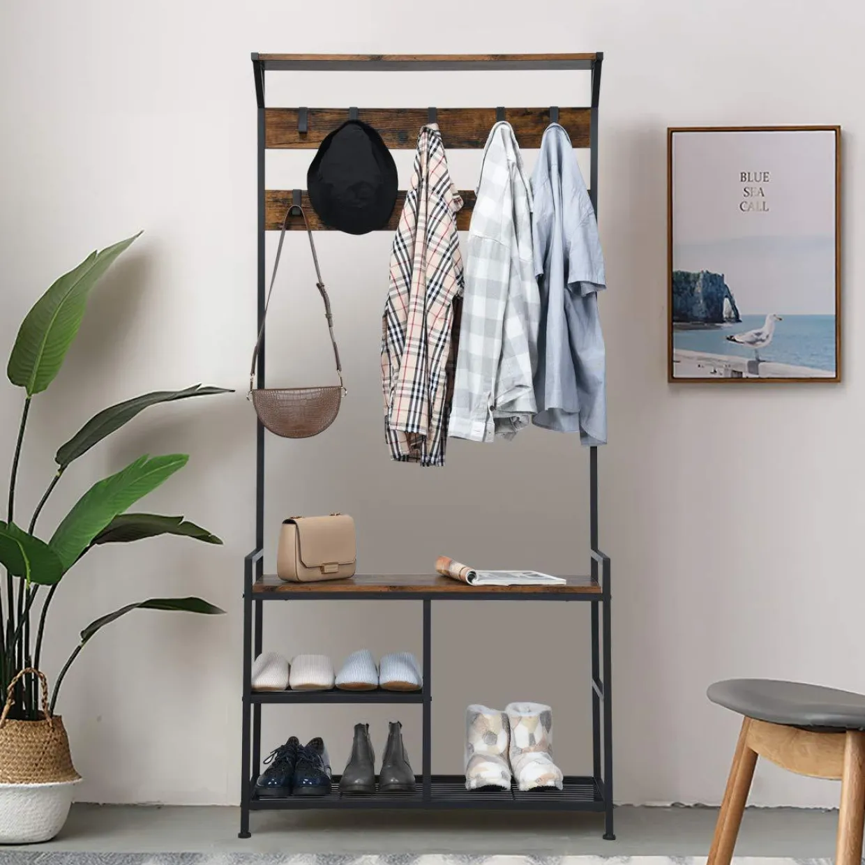 Tangkula Coat Rack Shoe Bench, 3-in-1 Industrial Hall Tree w/Storage Bench & 9 Hanging Hooks, 3-Tier Wood Look Entryway Bench w/Metal Frame