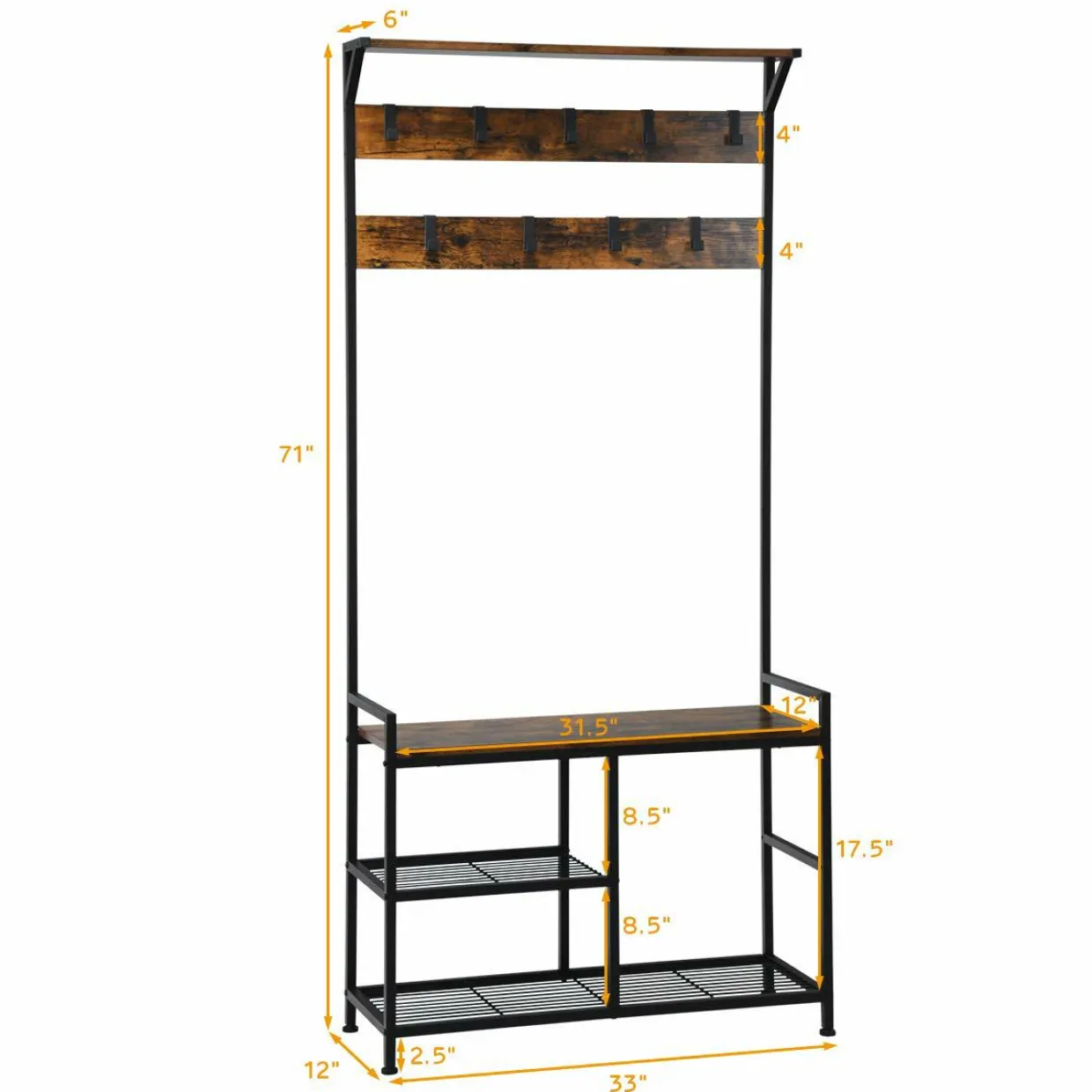 Tangkula Coat Rack Shoe Bench, 3-in-1 Industrial Hall Tree w/Storage Bench & 9 Hanging Hooks, 3-Tier Wood Look Entryway Bench w/Metal Frame