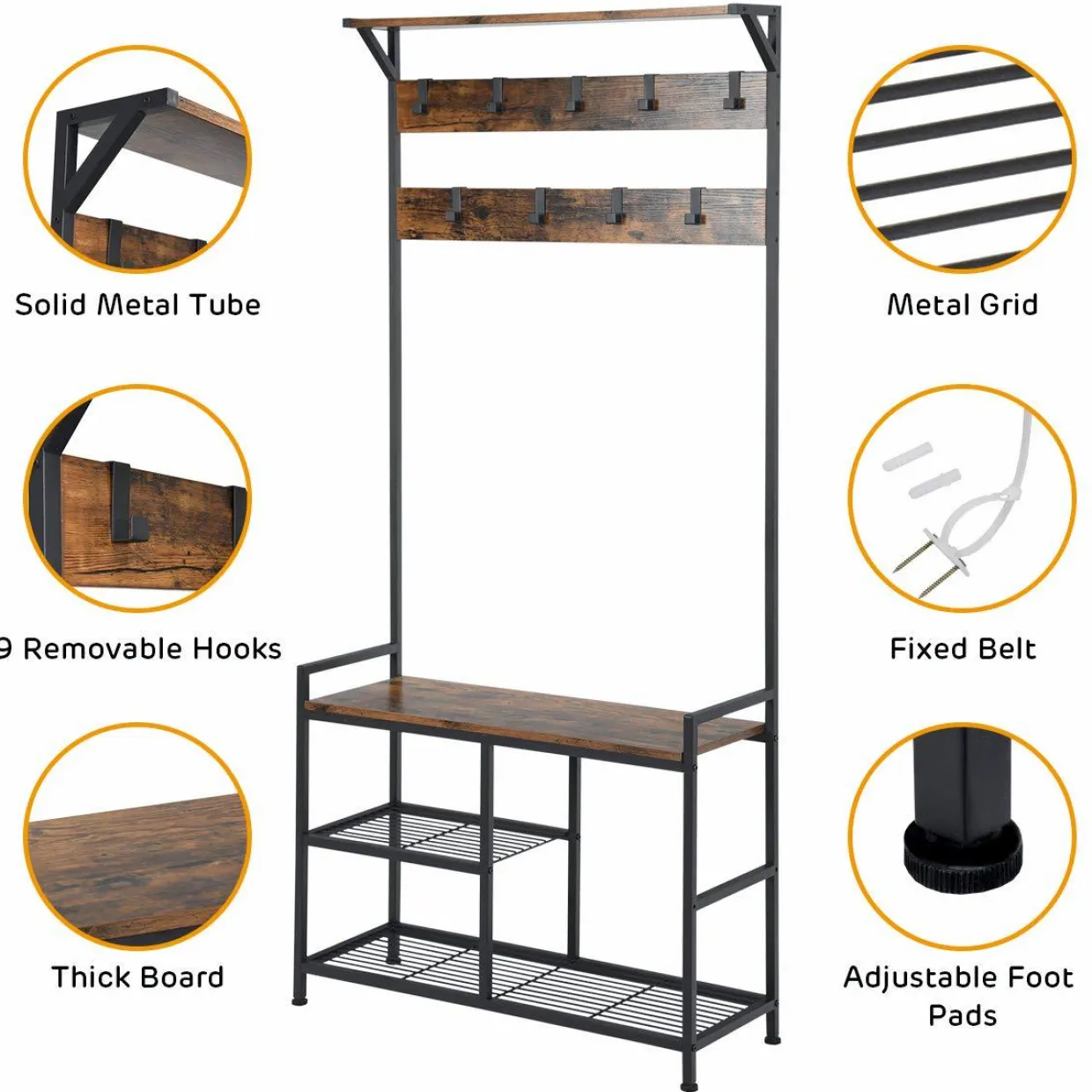 Tangkula Coat Rack Shoe Bench, 3-in-1 Industrial Hall Tree w/Storage Bench & 9 Hanging Hooks, 3-Tier Wood Look Entryway Bench w/Metal Frame