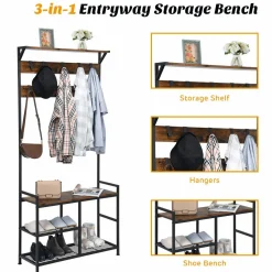 Tangkula Coat Rack Shoe Bench, 3-in-1 Industrial Hall Tree w/Storage Bench & 9 Hanging Hooks, 3-Tier Wood Look Entryway Bench w/Metal Frame