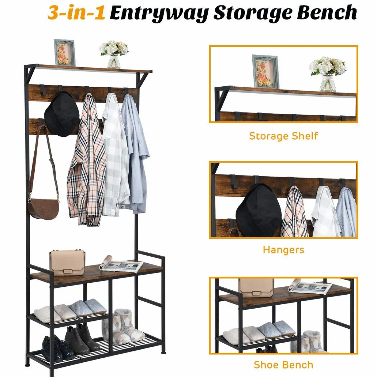 Tangkula Coat Rack Shoe Bench, 3-in-1 Industrial Hall Tree w/Storage Bench & 9 Hanging Hooks, 3-Tier Wood Look Entryway Bench w/Metal Frame
