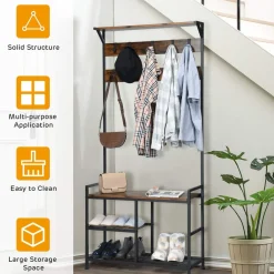Tangkula Coat Rack Shoe Bench, 3-in-1 Industrial Hall Tree w/Storage Bench & 9 Hanging Hooks, 3-Tier Wood Look Entryway Bench w/Metal Frame