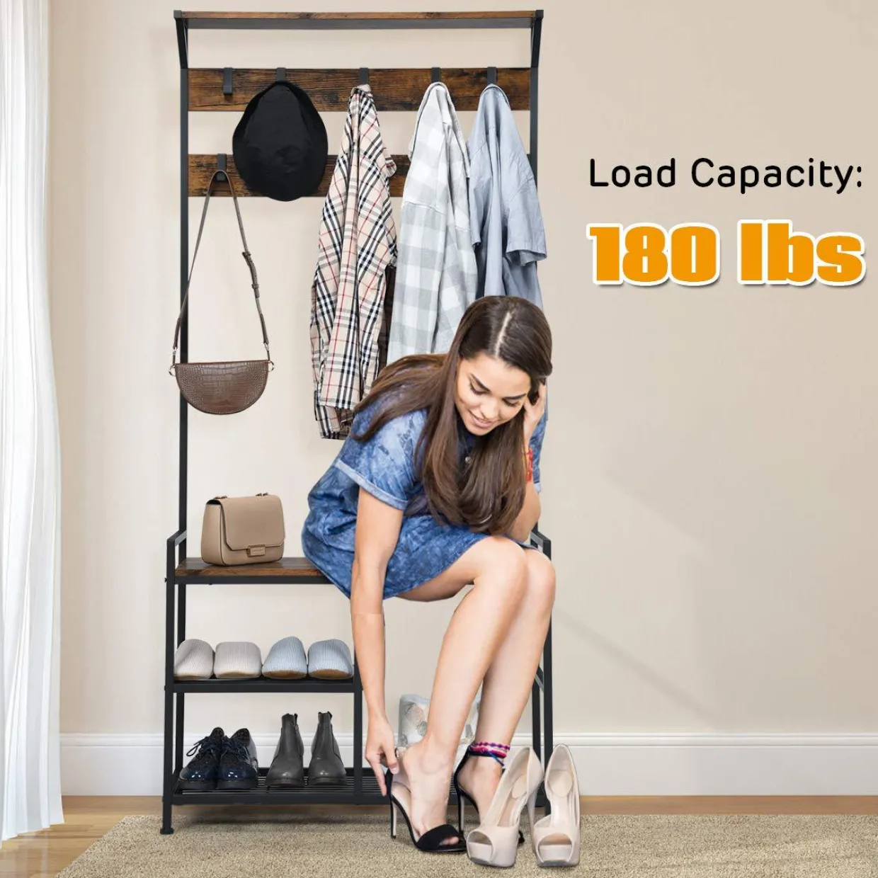 Tangkula Coat Rack Shoe Bench, 3-in-1 Industrial Hall Tree w/Storage Bench & 9 Hanging Hooks, 3-Tier Wood Look Entryway Bench w/Metal Frame