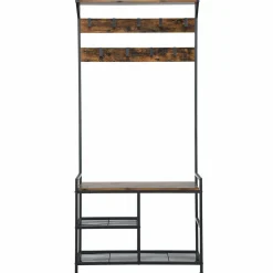Tangkula Coat Rack Shoe Bench, 3-in-1 Industrial Hall Tree w/Storage Bench & 9 Hanging Hooks, 3-Tier Wood Look Entryway Bench w/Metal Frame