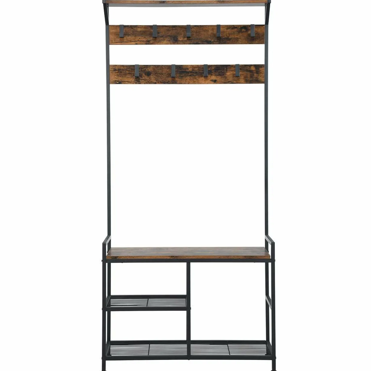 Tangkula Coat Rack Shoe Bench, 3-in-1 Industrial Hall Tree w/Storage Bench & 9 Hanging Hooks, 3-Tier Wood Look Entryway Bench w/Metal Frame
