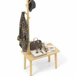 Tangkula Coat Rack with End Table, Solid Wood Coat Tree with 2-in-1 Side Table & 3 Hooks for Hats, Bags & Coats
