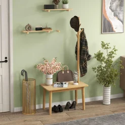 Tangkula Coat Rack with End Table, Solid Wood Coat Tree with 2-in-1 Side Table & 3 Hooks for Hats, Bags & Coats