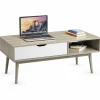 Tangkula Coffee Table, Mid-Century Modern Cocktail Table with Drawer & Open Storage Shelf & Solid Wood Legs