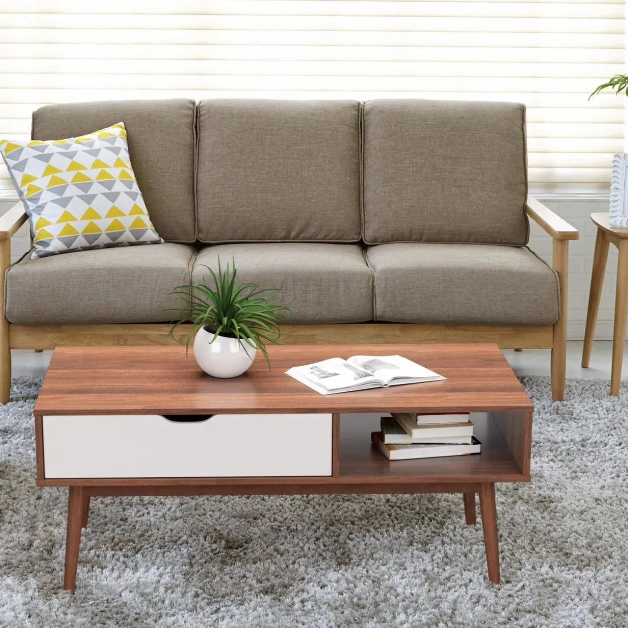 Tangkula Coffee Table, Mid-Century Modern Cocktail Table with Drawer & Open Storage Shelf & Solid Wood Legs