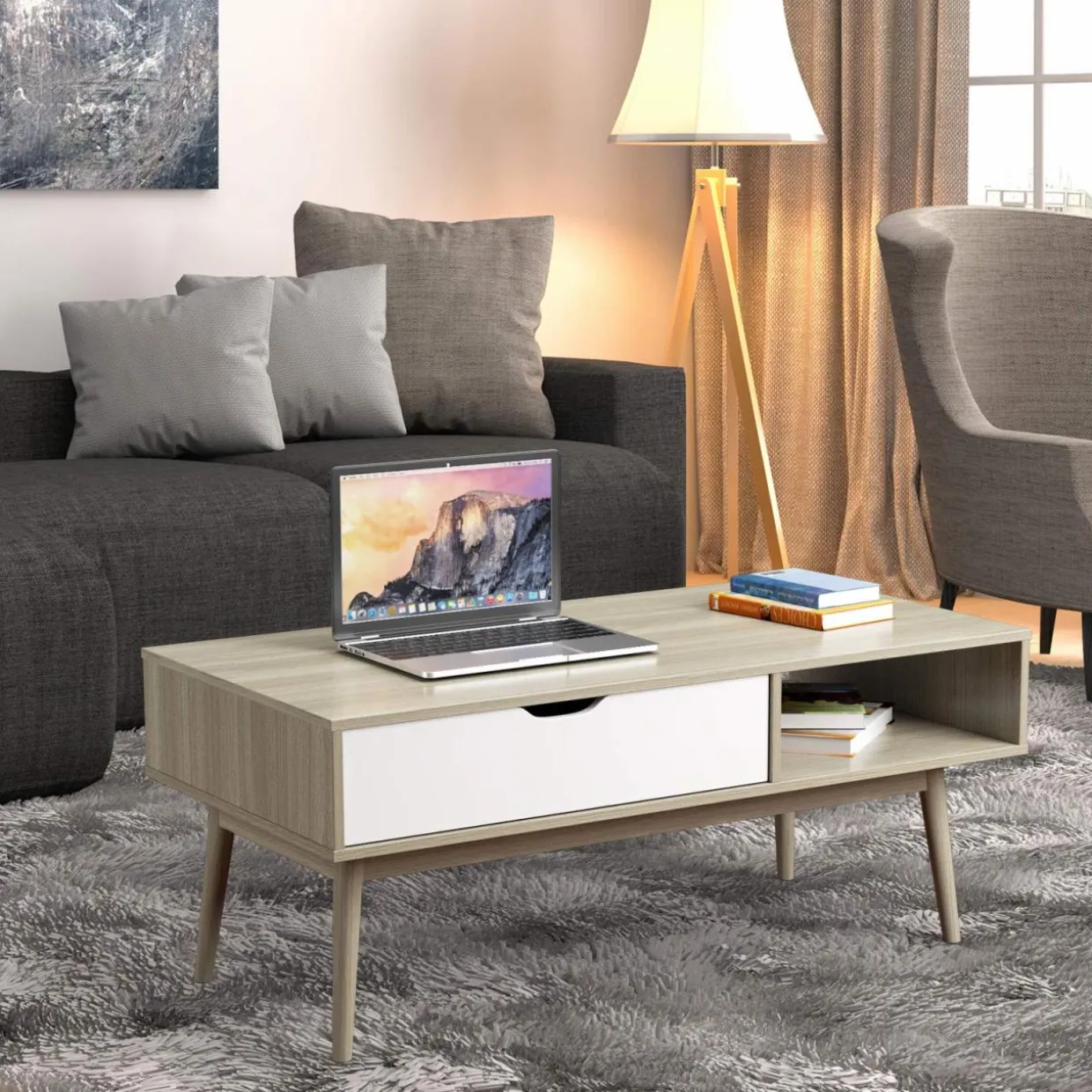Tangkula Coffee Table, Mid-Century Modern Cocktail Table with Drawer & Open Storage Shelf & Solid Wood Legs