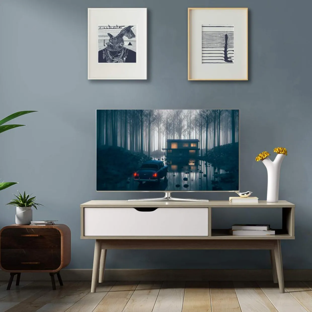 Tangkula Coffee Table, Mid-Century Modern Cocktail Table with Drawer & Open Storage Shelf & Solid Wood Legs