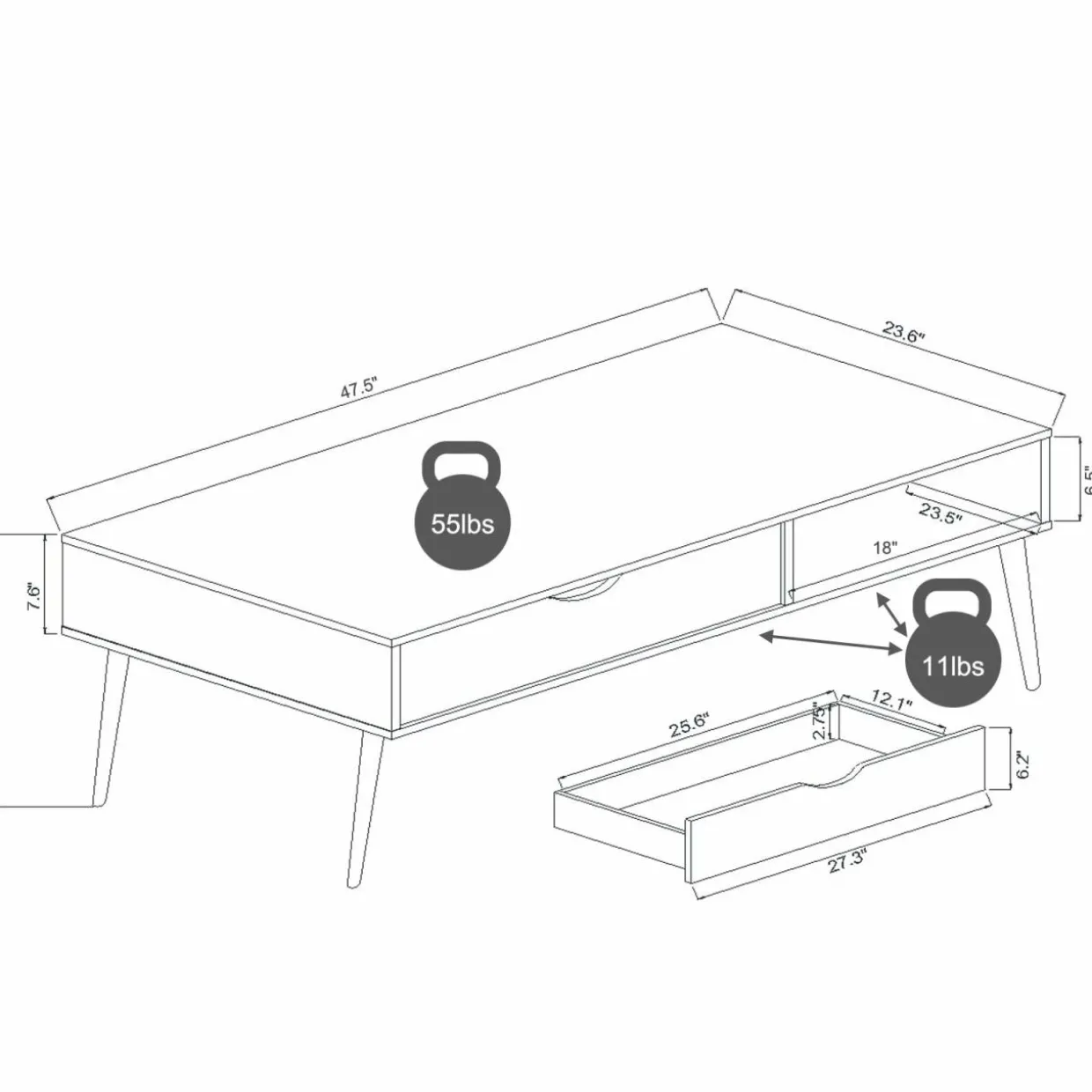 Tangkula Coffee Table, Mid-Century Modern Cocktail Table with Drawer & Open Storage Shelf & Solid Wood Legs