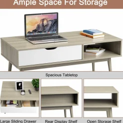 Tangkula Coffee Table, Mid-Century Modern Cocktail Table with Drawer & Open Storage Shelf & Solid Wood Legs