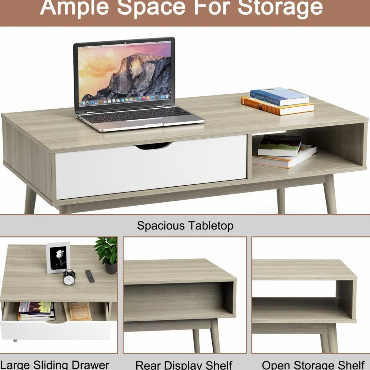 Tangkula Coffee Table, Mid-Century Modern Cocktail Table with Drawer & Open Storage Shelf & Solid Wood Legs