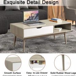 Tangkula Coffee Table, Mid-Century Modern Cocktail Table with Drawer & Open Storage Shelf & Solid Wood Legs
