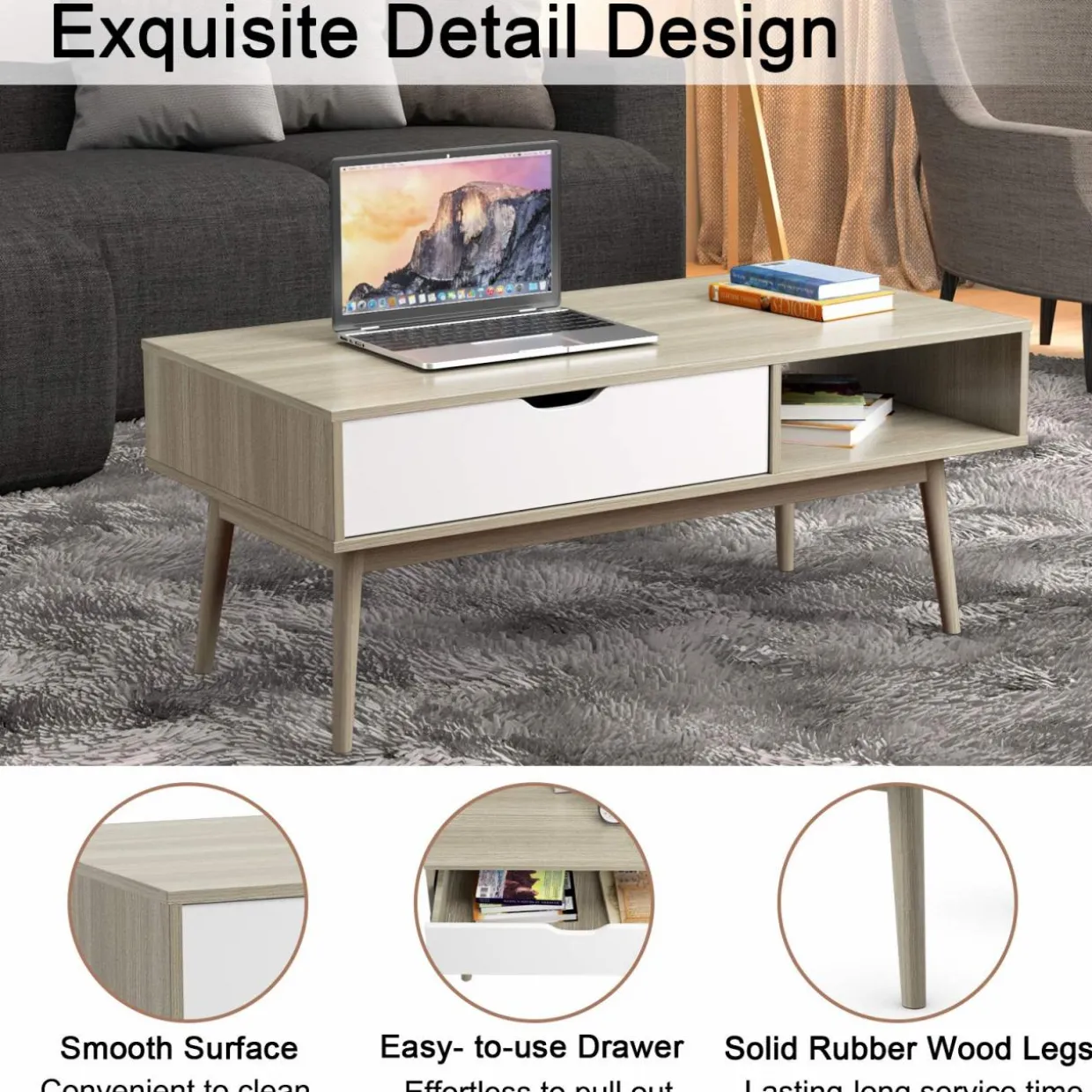 Tangkula Coffee Table, Mid-Century Modern Cocktail Table with Drawer & Open Storage Shelf & Solid Wood Legs