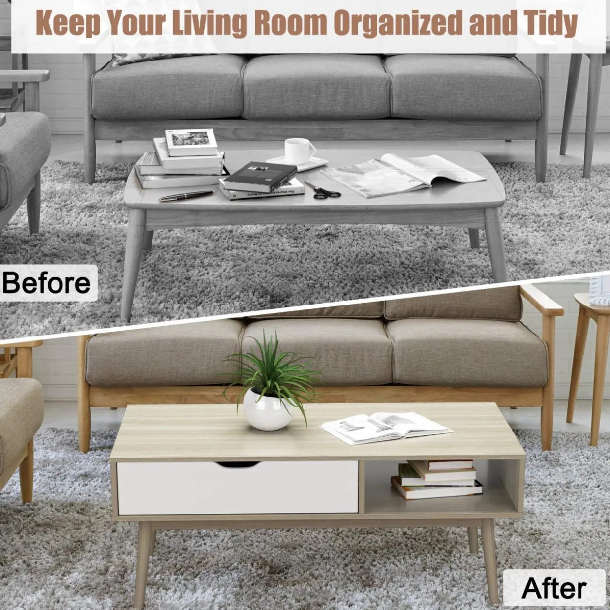 Tangkula Coffee Table, Mid-Century Modern Cocktail Table with Drawer & Open Storage Shelf & Solid Wood Legs