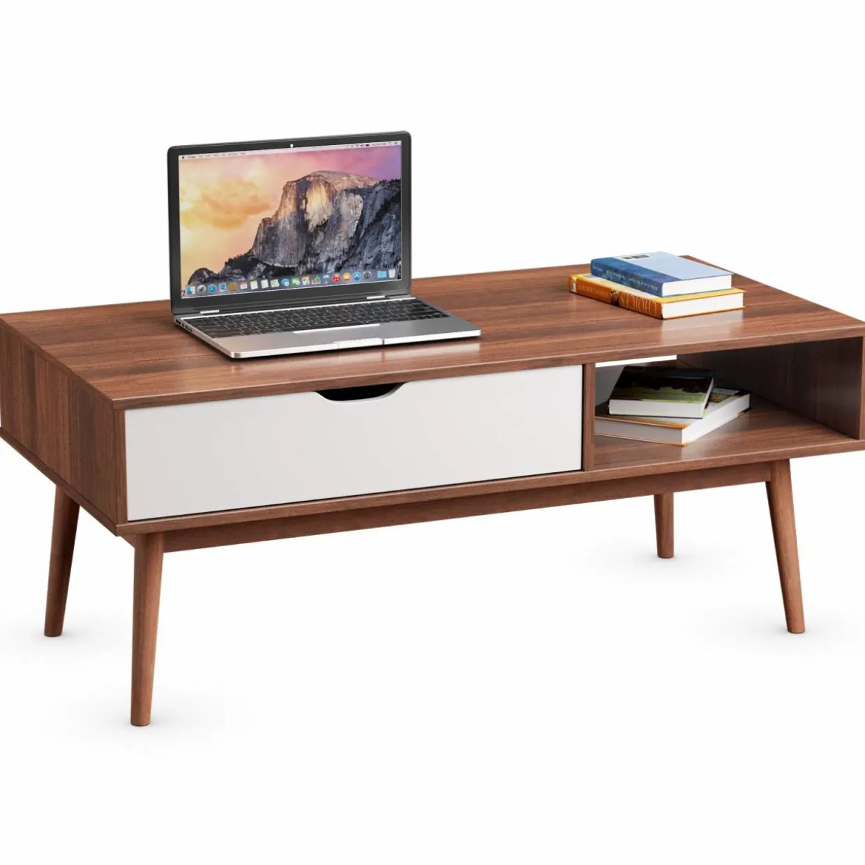 Tangkula Coffee Table, Mid-Century Modern Cocktail Table with Drawer & Open Storage Shelf & Solid Wood Legs