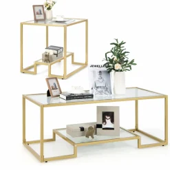 Tangkula Coffee Table Set of 2, Living Room Accent Table Set Includes Modern Deluxe Center Table & Square End Table