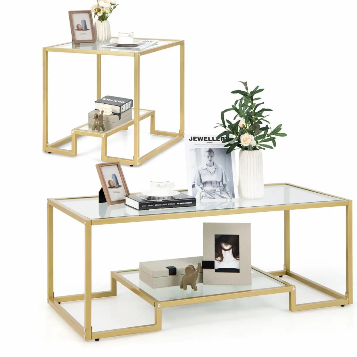 Tangkula Coffee Table Set of 2, Living Room Accent Table Set Includes Modern Deluxe Center Table & Square End Table