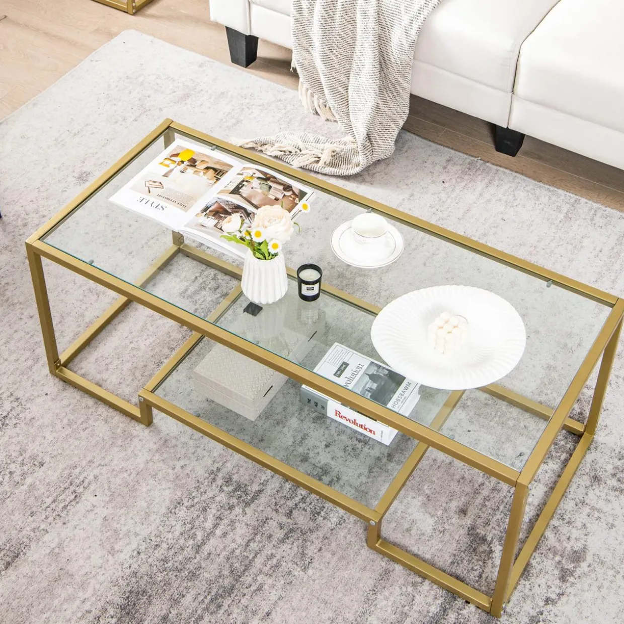 Tangkula Coffee Table Set of 2, Living Room Accent Table Set Includes Modern Deluxe Center Table & Square End Table