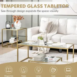 Tangkula Coffee Table Set of 2, Living Room Accent Table Set Includes Modern Deluxe Center Table & Square End Table