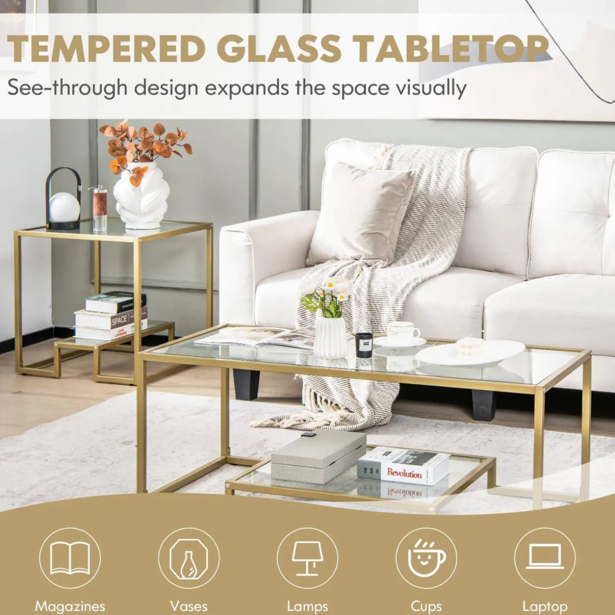 Tangkula Coffee Table Set of 2, Living Room Accent Table Set Includes Modern Deluxe Center Table & Square End Table